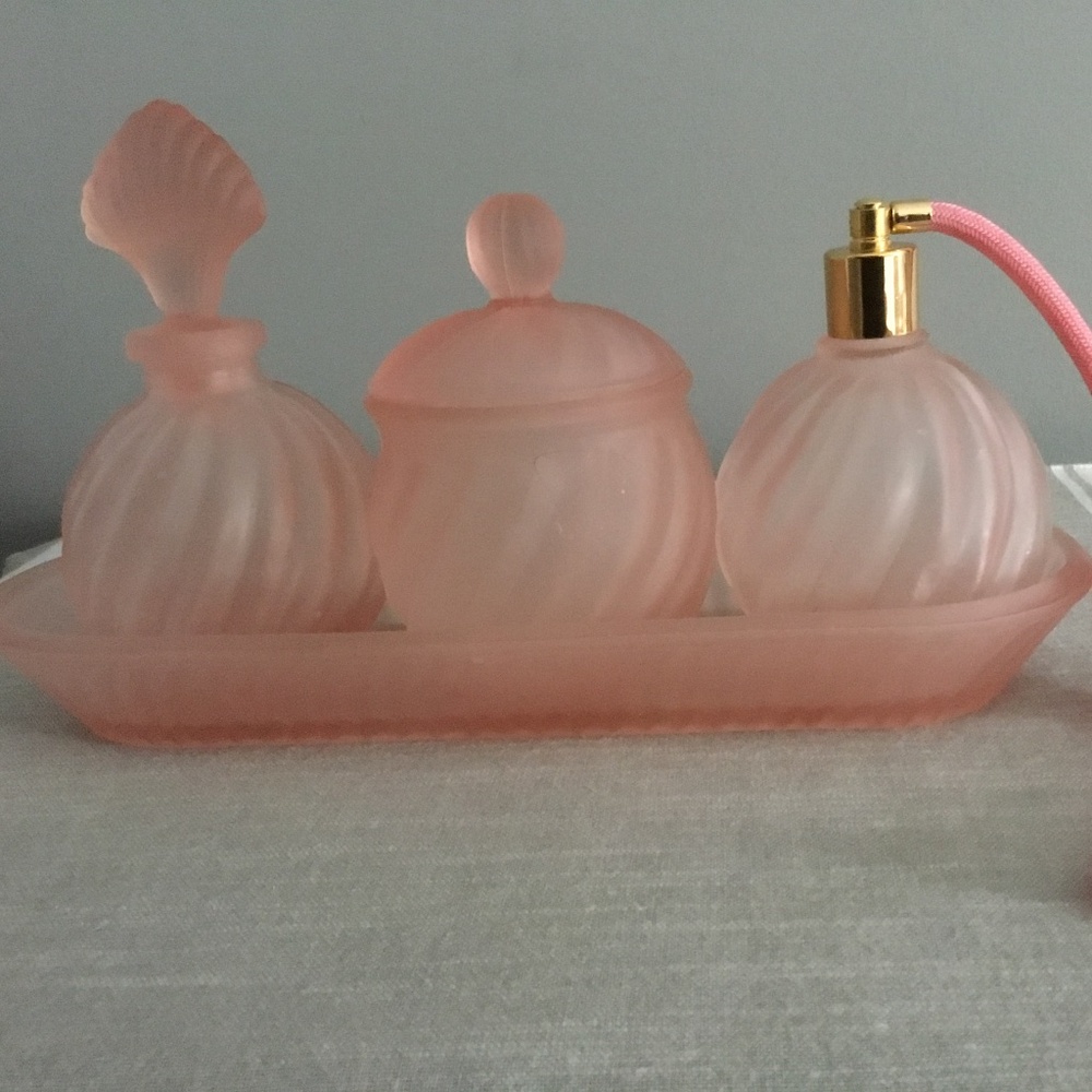 Shabby chic pink frosted swirl glass perfume vanity tray NEW vintage 1970’s